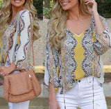 V Neck summer printed Flora lace Up chiffon blouse Ladies Long Sleeve Shirts blusas mujer de moda