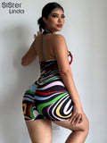 Colorful Print Halter Rompers Women 2023 Summer Sleeveless Backless Skinny Stretch Sporty Playsuits Female