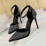 Zingj Korean Version Of Sweet High Heels With High Heel Shallow Pointed Hollow Out A Word With Shiny Rhinestone