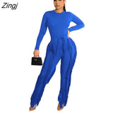Sleeve Bodysuit and Pants Fringe Tassel Trousers Two Piece Set Tracksuit Fall Women Clothing Sexy Skinny