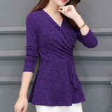 Winter New Plushed and Thickened Bottom Women top Blouse Full Sleeve lace Blouse Large V-neck Purple tops Blouses