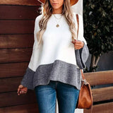 Autumn And Winter Sweater Women's Loose Round Collar Long Sleeves Gray Stitching Knitted Shirt Top