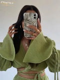 Sexy Green Pants Set Women Casual Loose Bandage Blouses Shirt Matching Wide Leg Trousers Suit Elegant 2 Piece Pant