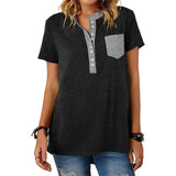 Summer V-Neck Stitching Pullover Tops Casual Short Sleeve Button T-Shirt Female Loose Pocket Comfortable Streetwear
