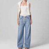 Casual Loose, Wide-Leg Drawn Rope Jeans, Women's Jeans-Outfit