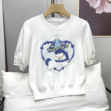 New Beading Embroidery Puff Sleeve Sweater Fashion Women Knitted Pullover Slim Fit Short Knitwear Y2K Casual