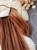 Lantern Sleeve Style Square Collar Net Dress Femininity Tea Break Skirt Warm And Long Fairy