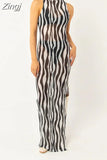 Women Long Dress Striped Print Sleeveless O-neck Mesh Sheer See Through Side High Split Beach Cover Up Female