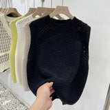 Vests Women Solid Hollow Out All-match Autumn Knitting Soft Warm O-neck Retro Fashion Loose Ulzzang Streetwear