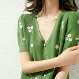 summer ice silk cotton short sleeve new small full body embroidery Knitted Top T-shirt