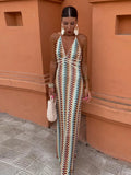Embroidery Print Backless Maxi Dress Women Sexy V Neck Sleeveless Slim Halter Long Robes Lady Holiday Party