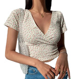 French retro floral V-neck short-sleeved T-shirt Slim slimming wild high waist T-shirt women's