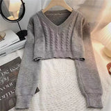 Zingj Version Of Short Pullover Sweater Female Loose V-Neck Pure Color Twist Crop Casual Long Sleeve Knit Jacket