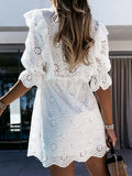 Out White Mini Dress Women Embroidery Summer Dress Female V Neck Short Dress Ladies Casual Elastic Waist A-line