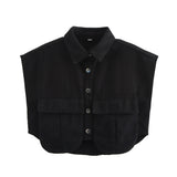 Women's Solid Color Big Pocket Sleeveless High Sense Cardigan Polo Collared Shirt Denim Top