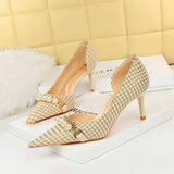 Zingj Korean Version With High Heel Shallow Mouth Pointed Head Side Hollow Cloth Plaid Grain Pearl Metal Chain Thousand Bird Case Single