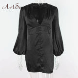 Women's Satin Dresses Green Gold Deep V Neck Botton Lantern Sleeve Mini Dress Sexy Female Party Dresses Club Autumn