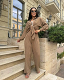 Zingj New Autumn Solid Color Lapel Long Sleeve Shirt Jacket Casual Pants