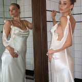 White Satin Strap Backless Maxi Dress-Outfit