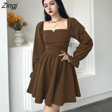 Autumn Dress Women Square Collar Chic Basic Mini Vestido Long Sleeve Slim Stylish Ladies Clothing Pure OL Minimalist