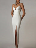 New Summer Women White Bodycon Bandage Dress Sexy V Neck Spaghetti Strap Club Celebrity Evening Runway Party Long