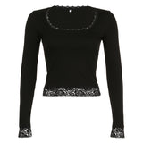 Zingj Girl Y2k Wind Bow Lace T Shirt Female Slim Long Sleeve Square Collar Simple Base Bottom