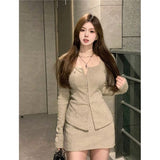 Sweet Hot Girl Suit Women's Autumn Square Collar Long-sleeved Knitted Shirt High Waist Short Skirt Fashion Two-piece