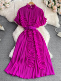 Women Pleated Midi Dress Purple/Red/White Stand Collar Short Flare Sleeve High Waist A-Line Ruffle Party Vestidos