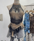 Irregular Hanging Neck Dyeing Net Yarn Vest Lotus Side Ribbon Short Sleeveless Top