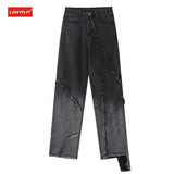 Flared Jeans Women's Stitch Folds Irregular Mopp Black Gray Straight Loose Raw Edge Trousers Female Denim Pants