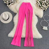 Women Diamond Patchwork Pants Vintage High Waist Wide Leg Trouser Elegant Pink/Blue/Red Casual Pant New Fashion