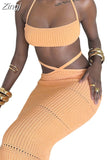 Women Knitted 2 Pieces Summer Clothing Set Sexy Tie-up Halter Crop Tops and Cross Wrapped Long Skirts Beach