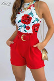 Summer Round Neck Sexy Tank Top and Tropical Print Shorts Set With Belt Two Piece Suit Sleeveless Tops Party Wear