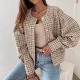 Spring Women Buttons Cardigan coat Elegant casual Short Jacket Casual o neck Long Sleeve coat office Lady plaid print
