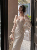 Summer New Women Fashion Elegant Puff-Sleeve Midi Corset Dresses Evening Female Party Lady Clothes