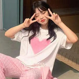 Women Cozy Baggy Heart Print All-match Sweet Simple Ins Summer Korean Style O-neck Clothes Students Casual Harajuku