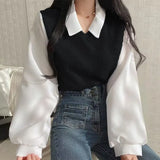 Polo Collar Patchwork Long Sleeve BlouseOutfit