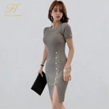Han Queen Autumn Vintage Elastic Knitted Dresses Elegant Office Work Vestidos Sheath Bodycon Split Party Women Pencil