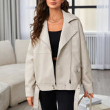 Zingj New Autumn Wear Wash PU Leather Lapel Loose Large Version Leather Coat