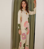 Pajamas Pants Set Viscose Peony Flower Short-sleeved Pyjamas Cardigan Print Home Clothes Suit Ropa Verano Mujer Pjs