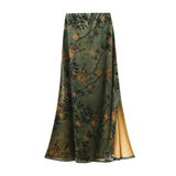 Temperament Print Velvet Skirt Autumn National Style Retro Flower High Waist Thin A Word Long Dress