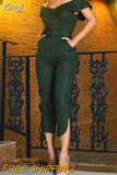 Ladies Women's Elegant Split Jumpsuit Ruffle Off Shoulder Pants Casual Long Rompers with Belt and