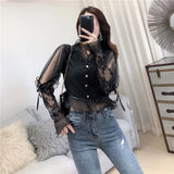 Women Lace blouse White V-neck Long sleeve Short Female shirt Single breasted RufflesSexy Tops Spring Black INKEO