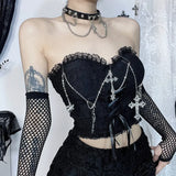 Gothic Cross Chain Brace Strap Irregular Rose Textured Lace Skirt Hierarchical Halter
