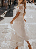 Dress Women Sexy White Dress Female Fashion V Neck Short Sleeves Summer Dress Ladies Hollow Out Maxi Dress Robe