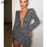 Sexy Deep V Neck Ruched Women Dress Black Long Sleeve Shoulder Pads Dress Female Autumn Slim Elegant Party Clubwear