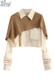 Fashion Women Two Pieces Sets Long Sleeve Short Blouse Shirt + Solid Knitted Pullover Crop Shawl Sweater Female
