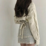 Pullovers Women Harajuku Lace Up Sexy V-Neck Simple White Preppy Girls Sweaters Jumpers Elegant Knit Batwing Sleeve
