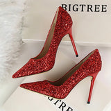 Zingj Women's Shoes High Heel Shallow Pointed Shining Sequins Sexy Thin Nightclub High