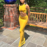 Women's Summer 2 Pieces Set Solid Color Sleeveless Round Neck Cropped Navel Short Tops + Soft Abdominal Long